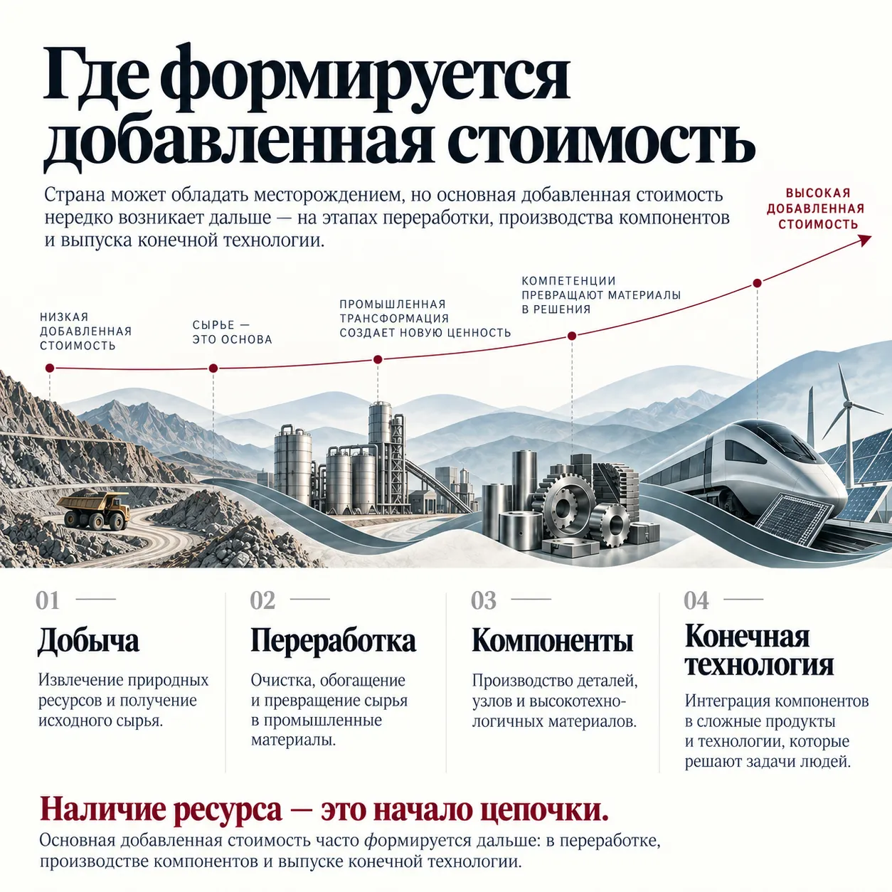 Инфографика о цепочке создания стоимости: от добычи и переработки сырья до компонентов и конечной технологии